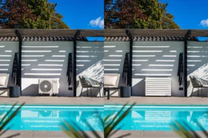 Qventi-CAL100BW-basisunit-omkasting-wit-zonder-en-met-omkasting-in-1-beeld-weergegeven-bij-zwembad-scaled